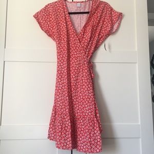 Red Floral Linen Wrap Dress